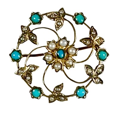 Lot 421 - An Edwardian 9ct gold turquoise, paste and split pearl brooch