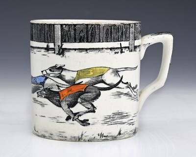 Lot 624 - A Staffordshire transfer printed Greyhouds mug,...