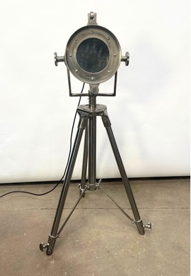 Lot 585 - Cast aluminium and steel, tripod spot light,...