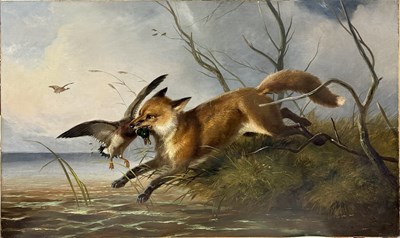 Lot 499 - Hunting scene, a large oil on canvas depicting...