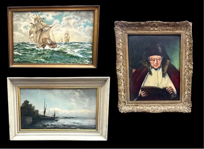 Lot 559 - Oil on board of a fishing boat at anchor, late...