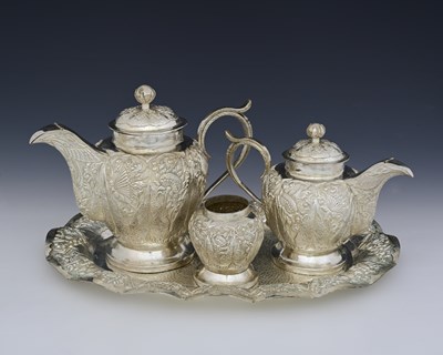 Lot 5 - A white metal tea service with tray, possibly...