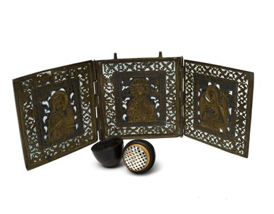 Lot 522 - A Russian bronze and enamel folding triptych,...