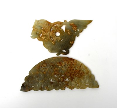 Lot 100 - Two Chinese celadon jade dragon carvings,...