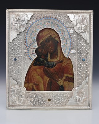 Lot 15 - A Russian icon, with decoration depicting...