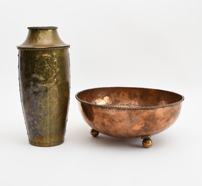 Lot 472 - A Hugh Wallis brass bottle holder, shouldered...