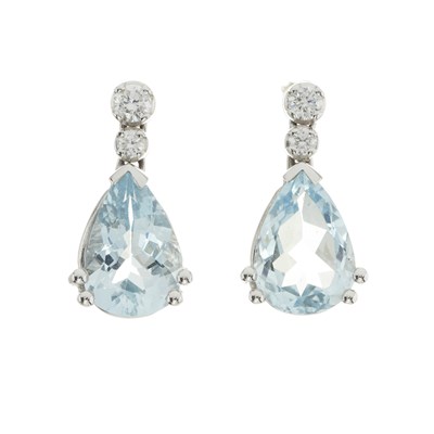 Lot 102 - A pair of 18ct gold pear-shape aquamarine and brilliant-cut diamond drop earrings