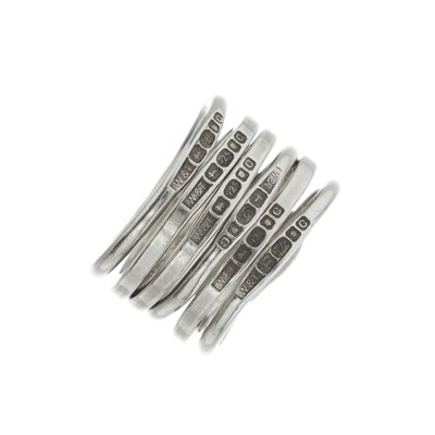Lot 421 - Wright & Teague, two sets of three silver stacking rings.