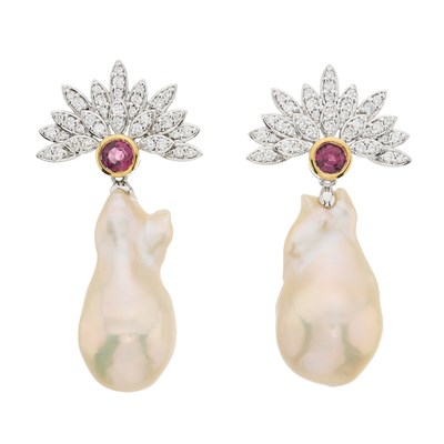 Lot 140 - A pair of cultured baroque pearl, ruby and brilliant-cut diamond drop earrings