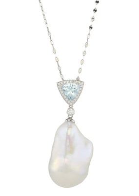 Lot 135 - A cultured baroque pearl, aquamarine and brilliant-cut diamond pendant