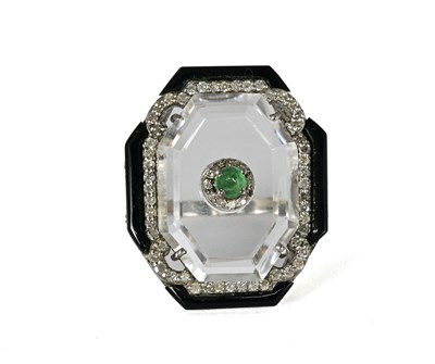 Lot 27 - A silver rock crystal, onyx, emerald and diamond ring