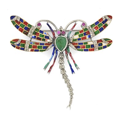 Lot 29 - A silver enamel, diamond, emerald and ruby dragonfly brooch