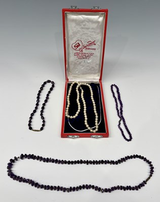 Lot 190 - Three various amethyst bead necklaces together...