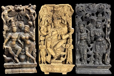 Lot 52 - Three wooden carved Indian high relief frieze...