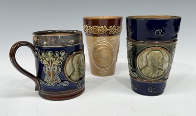 Lot 97 - A silver mounted Doulton Lambeth mug...