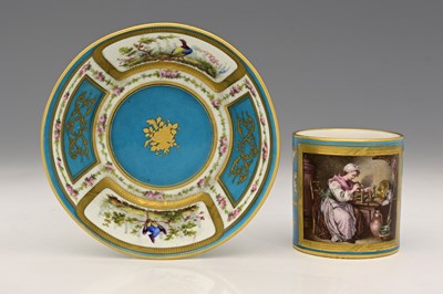 Lot 604 - A Sevres style bleu celeste ground and scene...