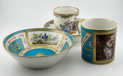 Lot 604 - A Sevres style bleu celeste ground and scene...