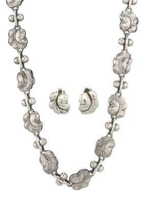 Lot 111 - Georg Jensen, by Harald Nielsen, a silver leaf necklace and matching earrings