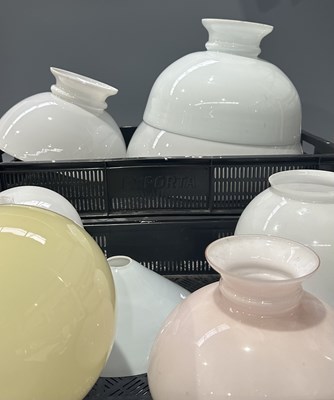 Lot 52 - Two trays of glass oil lamp shades, various...