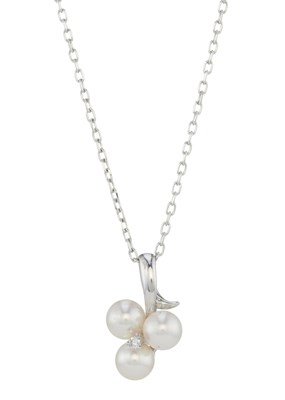 Lot 144 - Mikimoto, a cultured pearl trio and brilliant-cut diamond pendant necklace