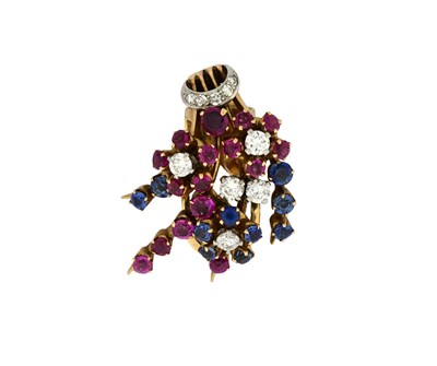 Lot 28 - A brilliant-cut diamond, ruby and sapphire single earring