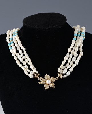 Lot 393 - A freshwater cultured pearl and reconstituted turquoise bead four row necklace