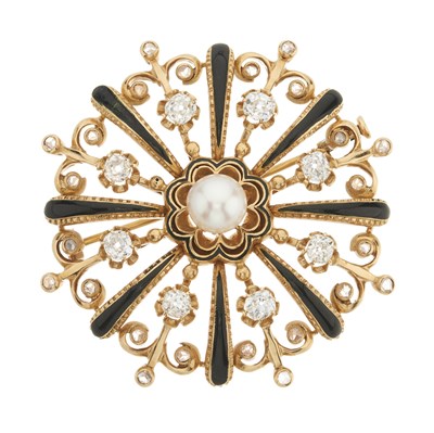 Lot 41 - A late Victorian 18ct gold diamond, pearl and enamel brooch