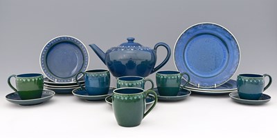 Lot 253 - Ruskin Pottery, a Souffle glazed part tea set,...