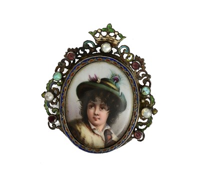 Lot 493 - An early 20th century Austro-Hungarian portrait miniature gem set and enamel brooch