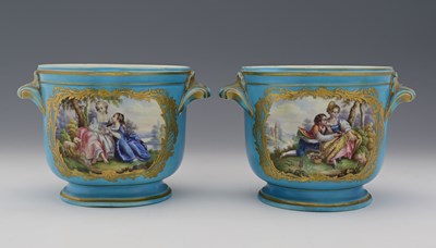 Lot 602 - A pair of Sevres style cache pots, celeste...