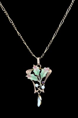 Lot 406 - An Arts & Crafts 9ct gold pearl, ruby and enamel foliate pendant, with chain