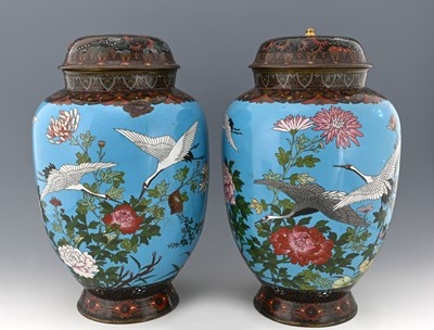 Lot 102 - A large pair of Japanese cloisonné enamel jars...