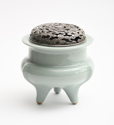 Lot 120 - A Japanese celadon tripod censer with silver...