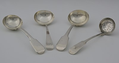 Lot 122 - Four nineteenth century silver ladles, to...