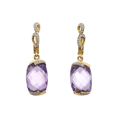 Lot 130 - A pair of briolette-cut amethyst and brilliant-cut diamond drop earrings
