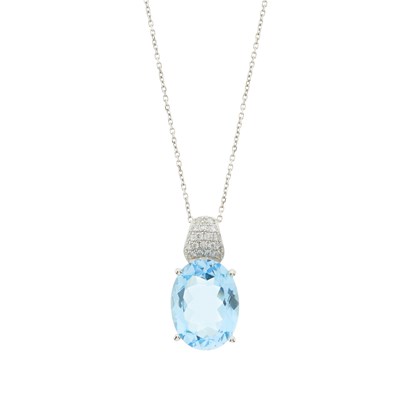 Lot 117 - A blue topaz and brilliant-cut diamond pendant and chain