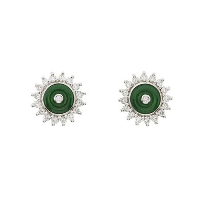 Lot 212 - A pair of jadeite and brilliant-cut diamond cluster earrings