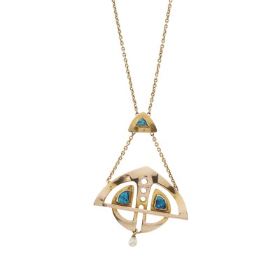 Lot 31 - An Arts & Crafts 9ct gold turquoise and pearl drop pendant necklace