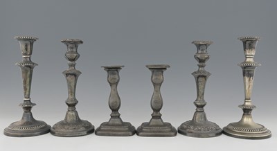 Lot 3 - Three pairs of plated candlesticks, nineteenth...