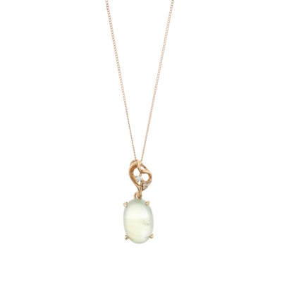 Lot 176 - A prehnite cabochon and brilliant-cut diamond pendant and chain