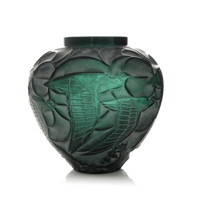 Lot 23 - Rene Lalique, a Courlis green glass vase,...