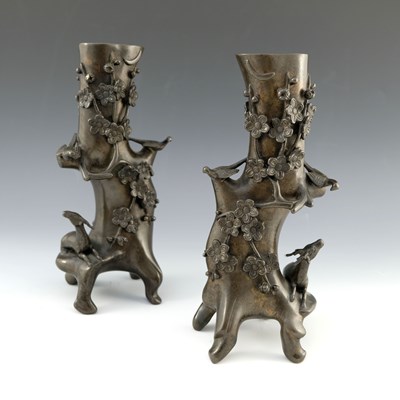 Lot 448 - A pair of Japanese bronze root vases, cast in...