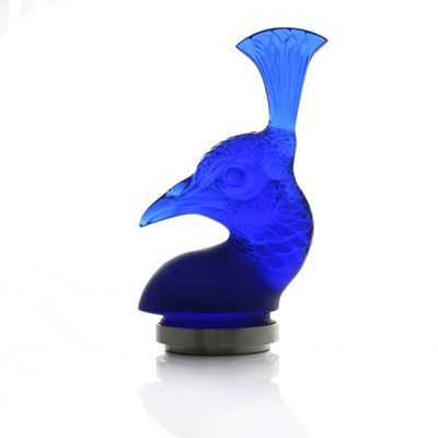 Lot 109 - Lalique, a Tete de Paon blue glass car mascot,...
