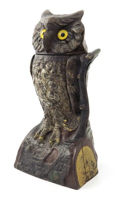 Lot 488 - An American wise old owl cast iron mechanical...