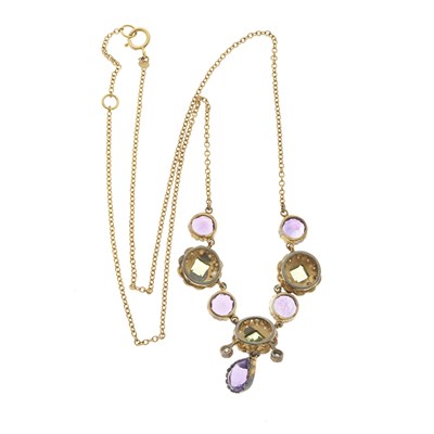 Lot 96 - A 9ct gold and silver, amethyst, peridot, pearl and diamond necklace