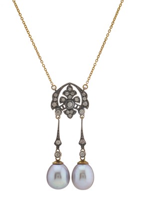 Lot 180 - A 9ct gold and silver, cultured pearl and diamond drop necklace