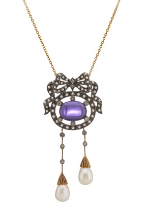 Lot 13 - A 9ct gold and silver, amethyst, pearl and diamond bow necklace