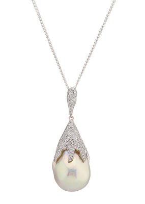 Lot 131 - An 18ct gold baroque pearl and diamond pendant, with chain