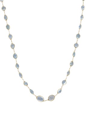 Lot 159 - A 14ct gold aquamarine line necklace