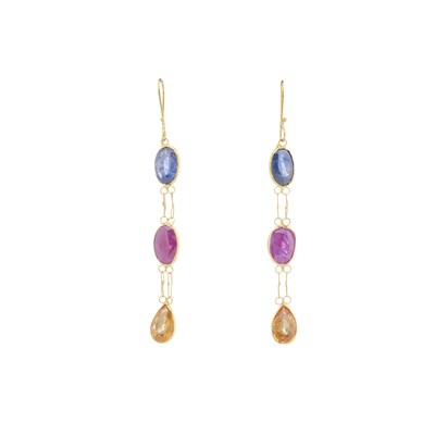 Lot 28 - A pair of 14ct gold sapphire drop earrings